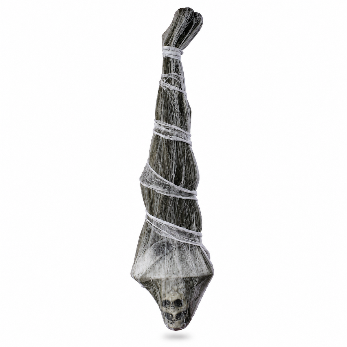 Side view of upside-down mummy prop with skull beneath cobweb gauze