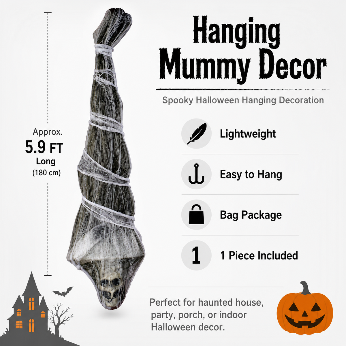 5.9 ft hanging mummy decoration size and feature infographic