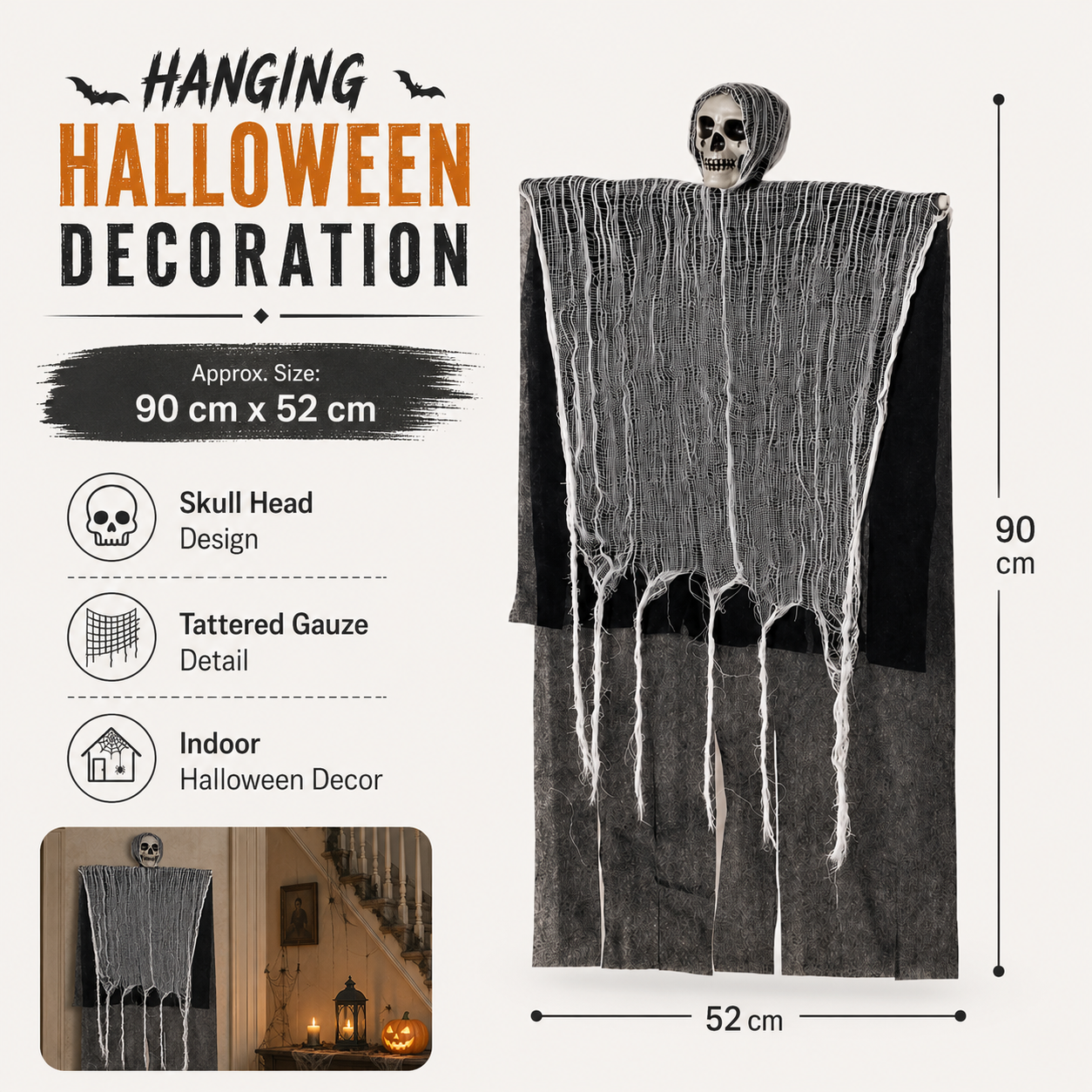 Hanging Skull Ghost with Tattered Gauze – Halloween Indoor Decoration - product image 2
