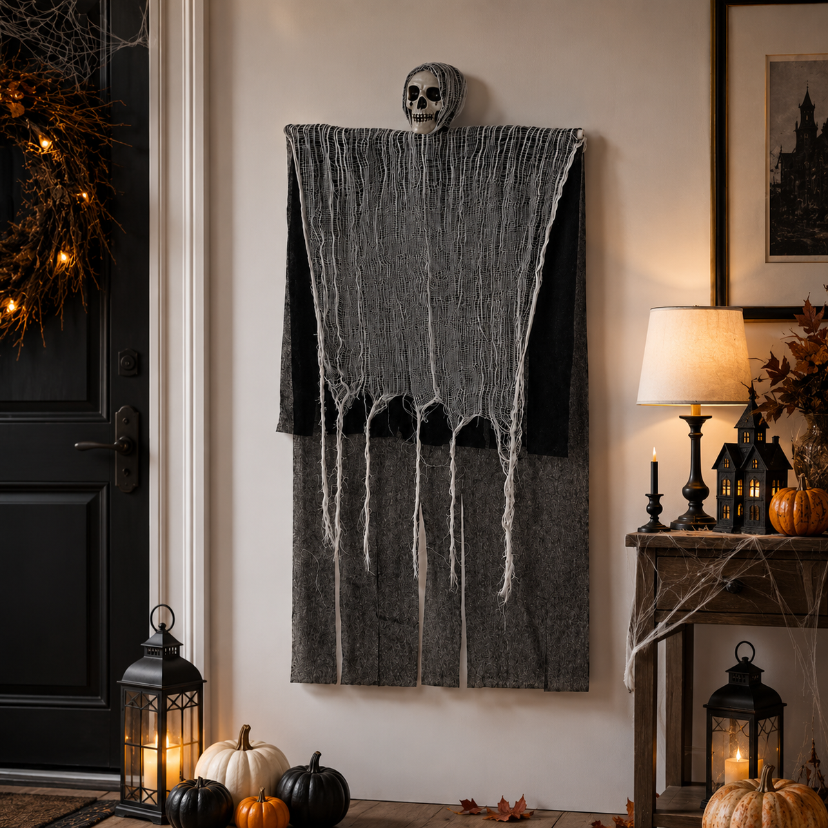 Hanging Skull Ghost with Tattered Gauze – Halloween Indoor Decoration - product image 3