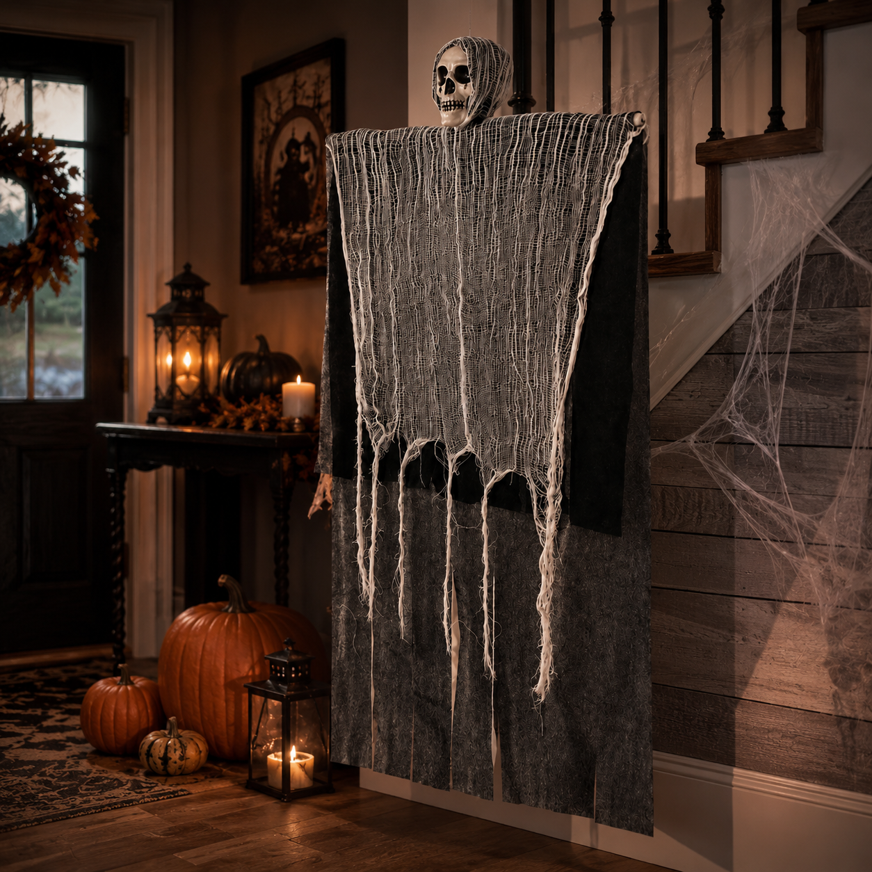 Hanging Skull Ghost with Tattered Gauze – Halloween Indoor Decoration - product image 5