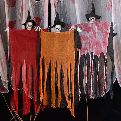 Hanging Skull Reaper Halloween Decoration – Tattered Gauze Robe with Witch Hat - product image 1