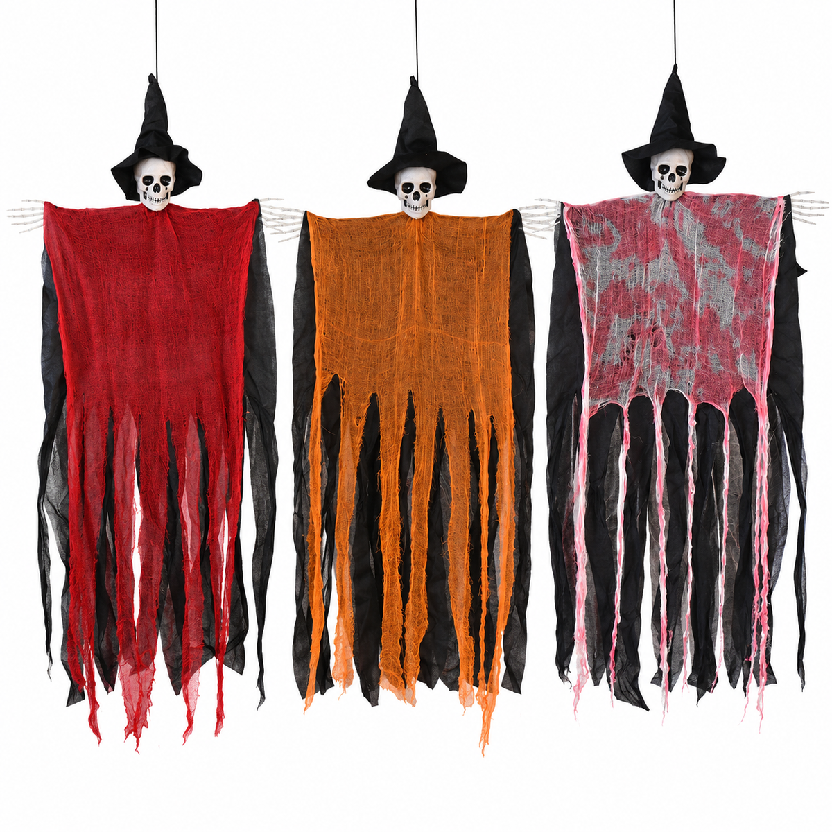 Hanging Skull Reaper Halloween Decoration – Tattered Gauze Robe with Witch Hat - product image 2