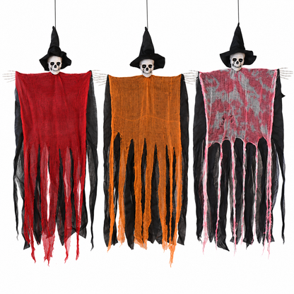 Hanging Skull Reaper Halloween Decoration – Tattered Gauze Robe with Witch Hat - product image 2