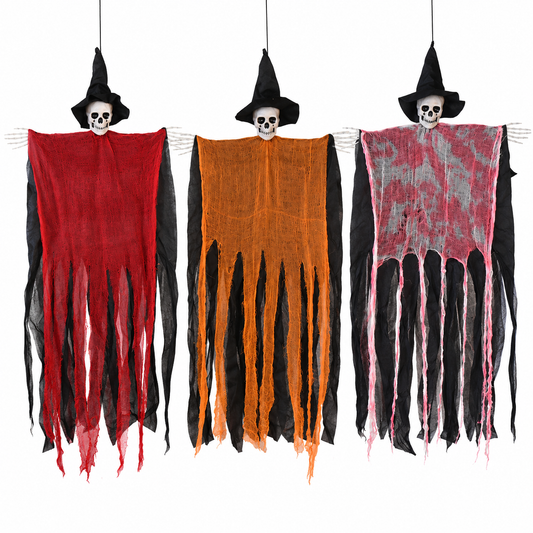 Hanging Skull Reaper Halloween Decoration – Tattered Gauze Robe with Witch Hat - product image 2