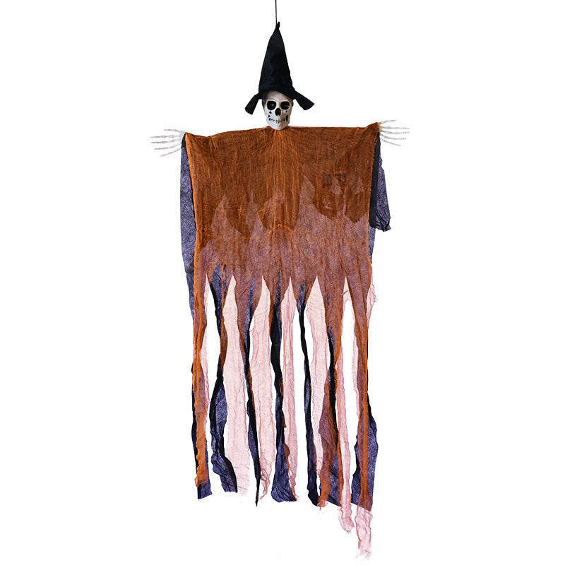 Hanging Skull Reaper Halloween Decoration – Tattered Gauze Robe with Witch Hat - product image 3