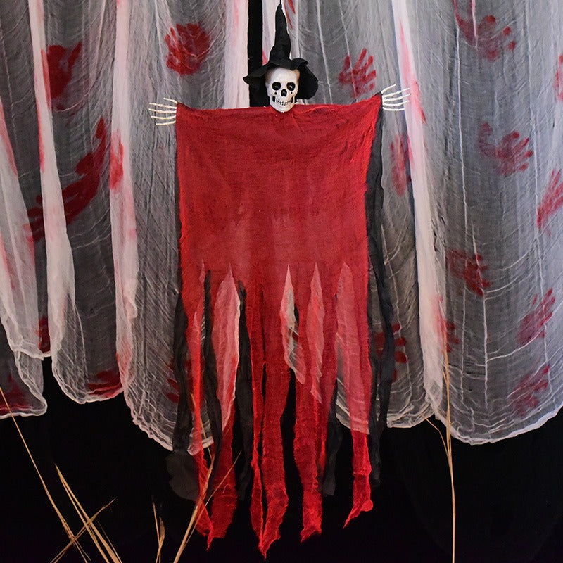 Hanging Skull Reaper Halloween Decoration – Tattered Gauze Robe with Witch Hat - product image 4