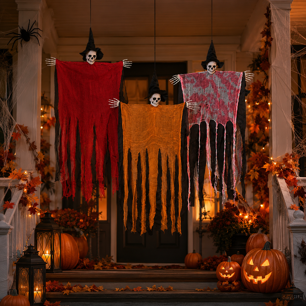 Hanging Skull Reaper Halloween Decoration – Tattered Gauze Robe with Witch Hat - product image 5