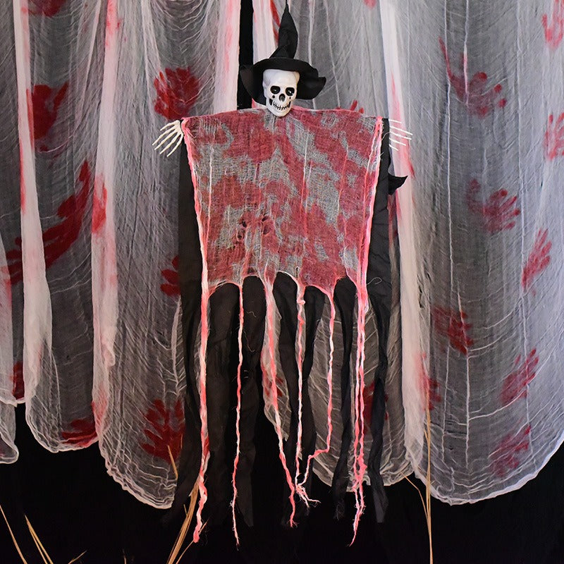 Hanging Skull Reaper Halloween Decoration – Tattered Gauze Robe with Witch Hat - product image 6