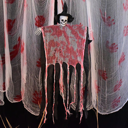Hanging Skull Reaper Halloween Decoration – Tattered Gauze Robe with Witch Hat - product image 6