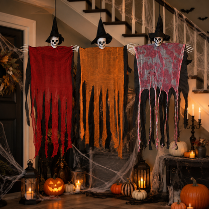 Hanging Skull Reaper Halloween Decoration – Tattered Gauze Robe with Witch Hat - product image 7