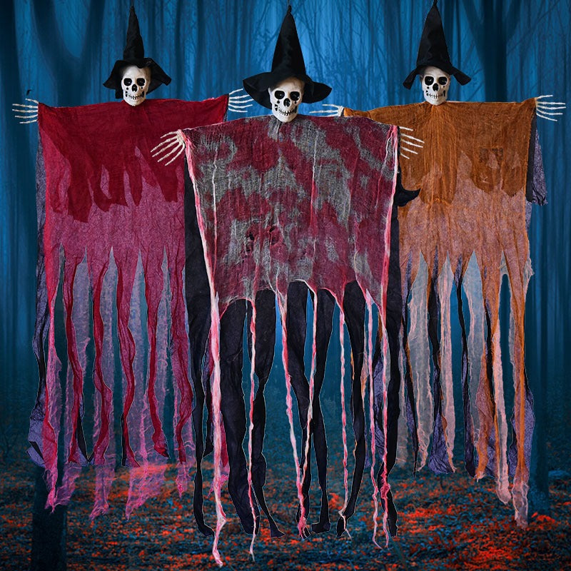 Hanging Skull Reaper Halloween Decoration – Tattered Gauze Robe with Witch Hat - product image 8