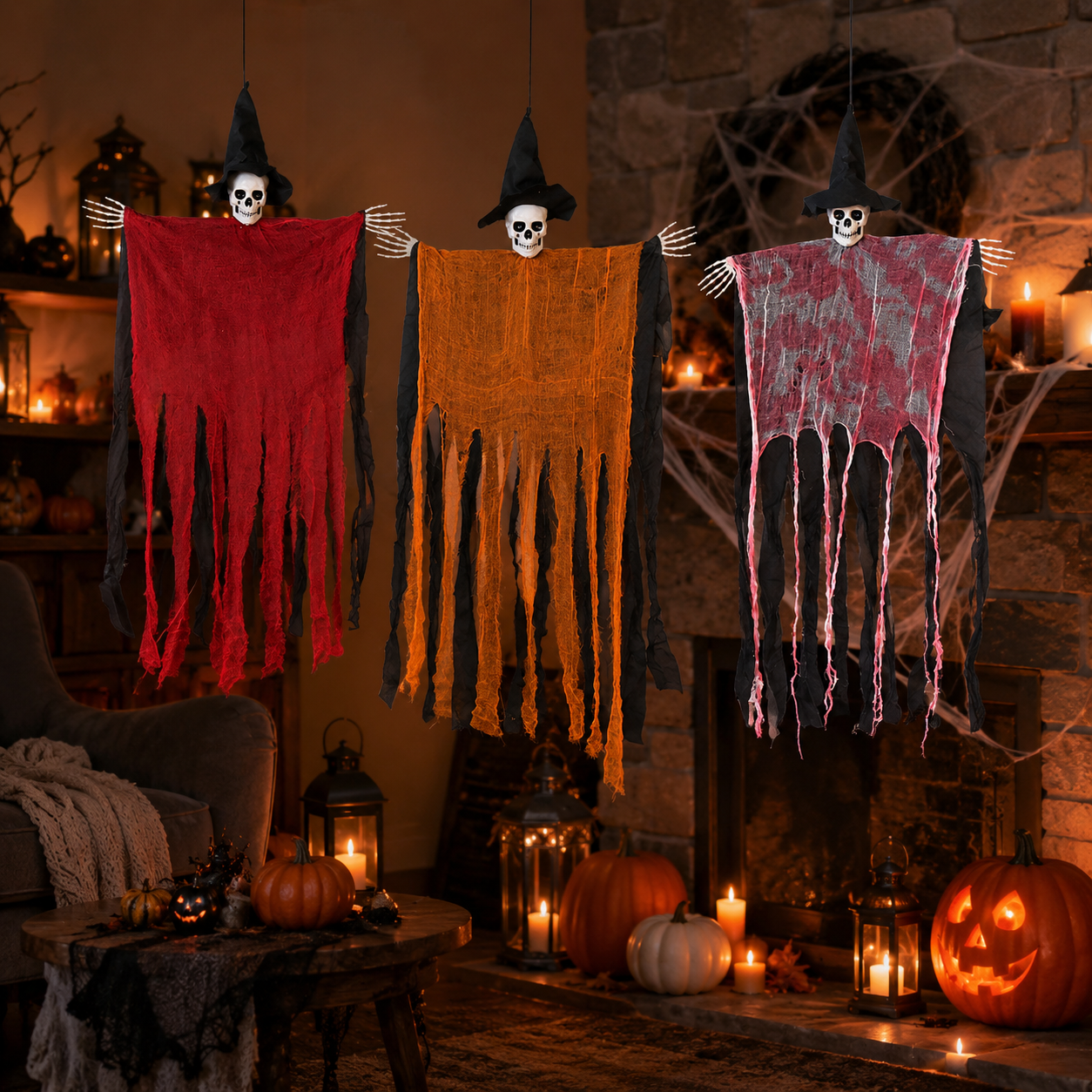 Hanging Skull Reaper Halloween Decoration – Tattered Gauze Robe with Witch Hat - product image 9