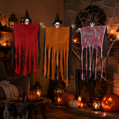 Hanging Skull Reaper Halloween Decoration – Tattered Gauze Robe with Witch Hat - product image 9