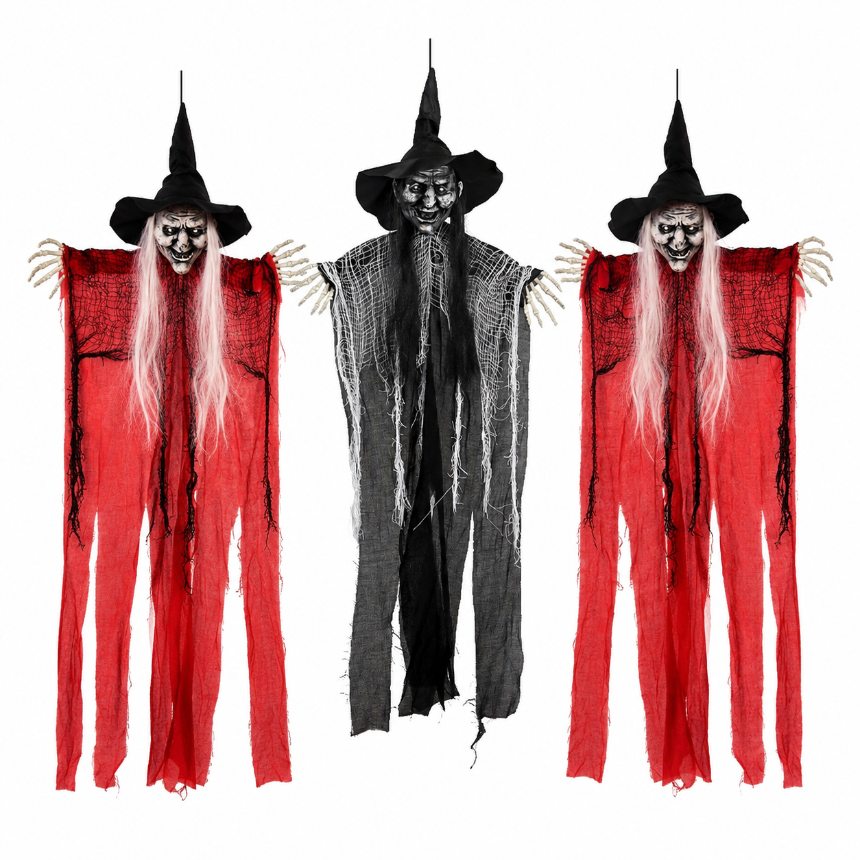 3-Piece Hanging Witch Decoration Set – Red & Black Witches with Skeleton Hands, 38 In Each - product image 1