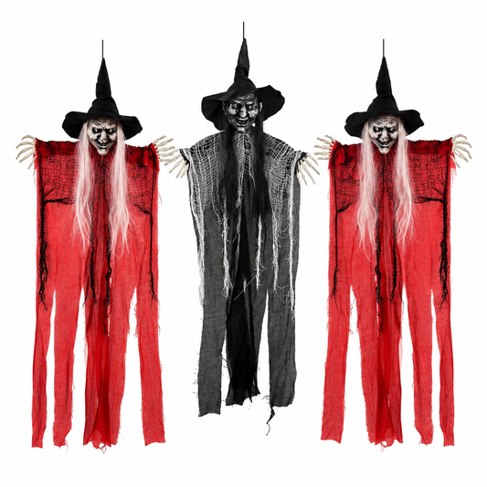 3-Piece Hanging Witch Decoration Set – Red & Black Witches with Skeleton Hands, 38 In Each - product image 1