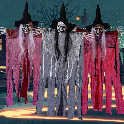 3-Piece Hanging Witch Decoration Set – Red & Black Witches with Skeleton Hands, 38 In Each - product image 3