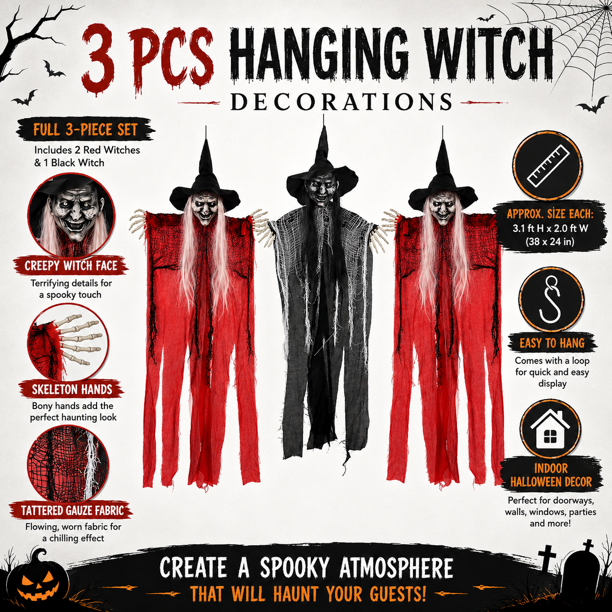 3-Piece Hanging Witch Decoration Set – Red & Black Witches with Skeleton Hands, 38 In Each - product image 4