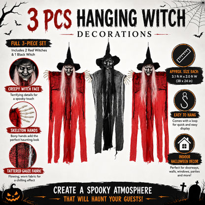 3-Piece Hanging Witch Decoration Set – Red & Black Witches with Skeleton Hands, 38 In Each - product image 4