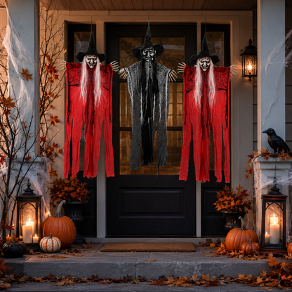 3-Piece Hanging Witch Decoration Set – Red & Black Witches with Skeleton Hands, 38 In Each - product image 6