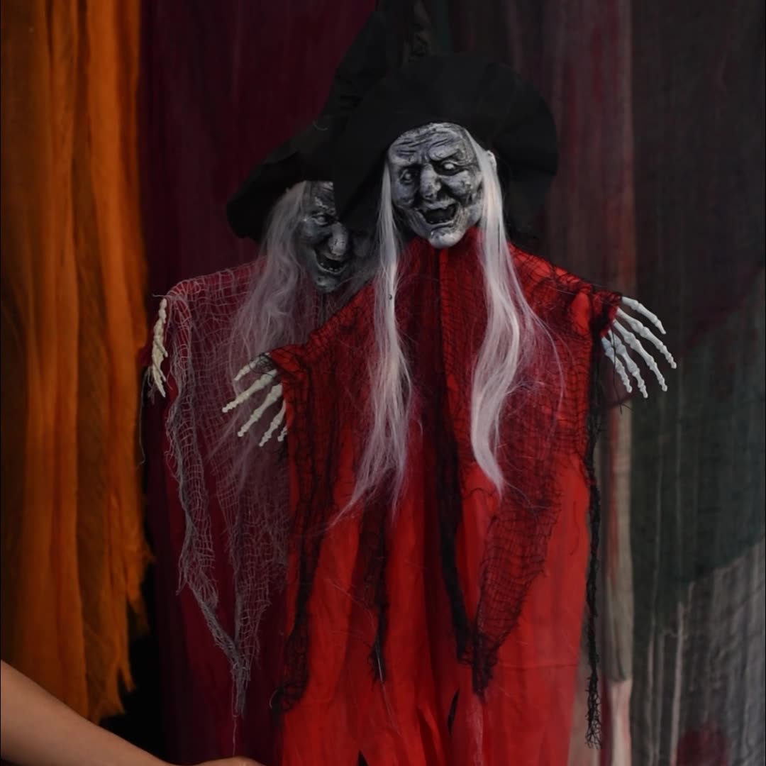 3-Piece Hanging Witch Decoration Set – Red & Black Witches with Skeleton Hands, 38 In Each - product image 7