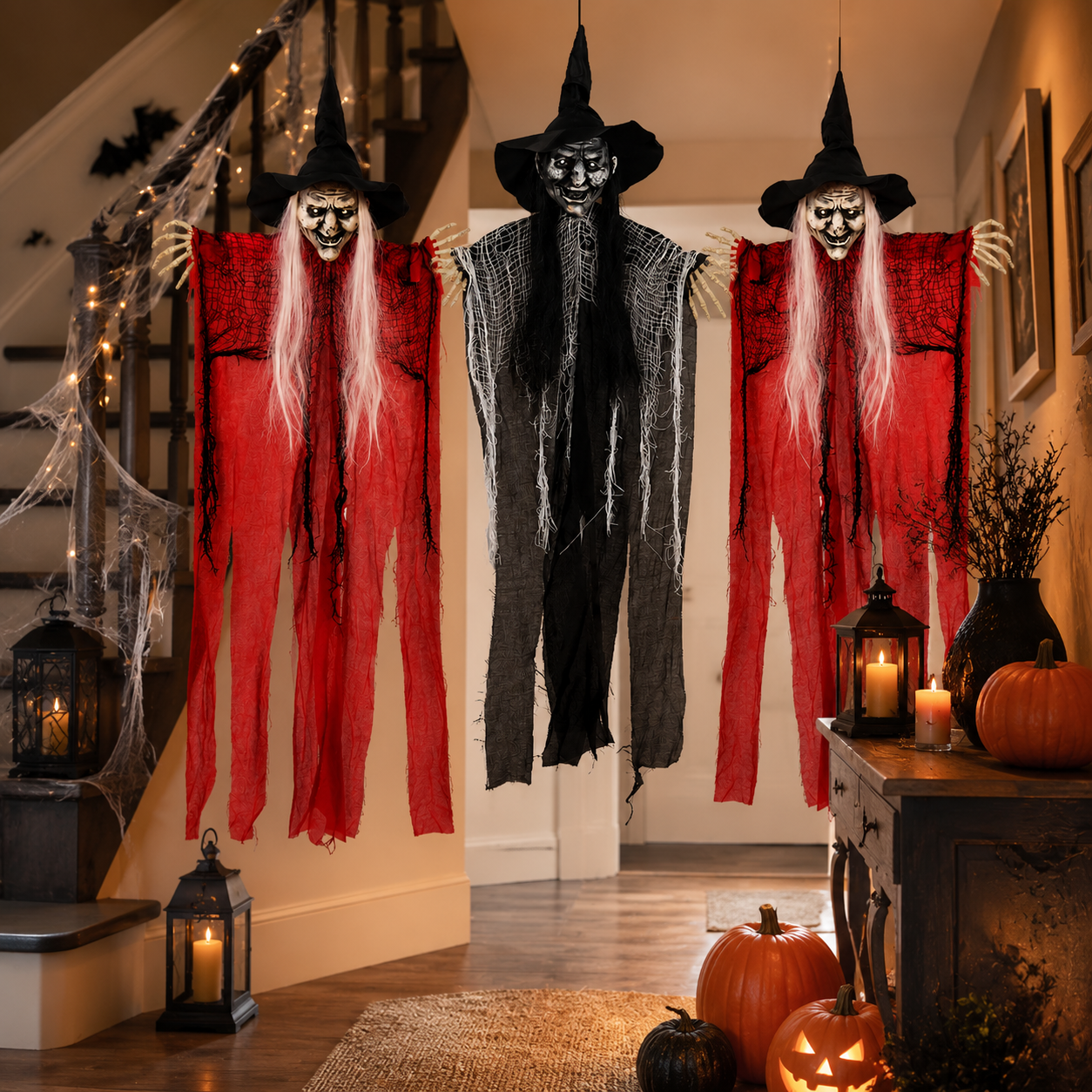 3-Piece Hanging Witch Decoration Set – Red & Black Witches with Skeleton Hands, 38 In Each - product image 8