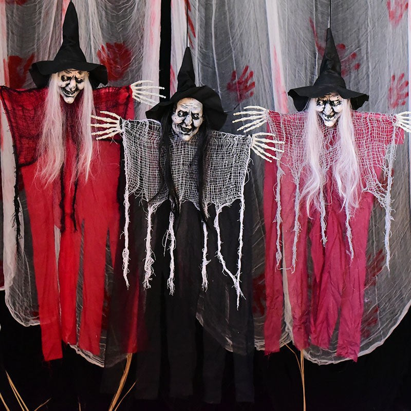 3-Piece Hanging Witch Decoration Set – Red & Black Witches with Skeleton Hands, 38 In Each - product image 9