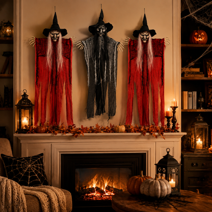 3-Piece Hanging Witch Decoration Set – Red & Black Witches with Skeleton Hands, 38 In Each - product image 10