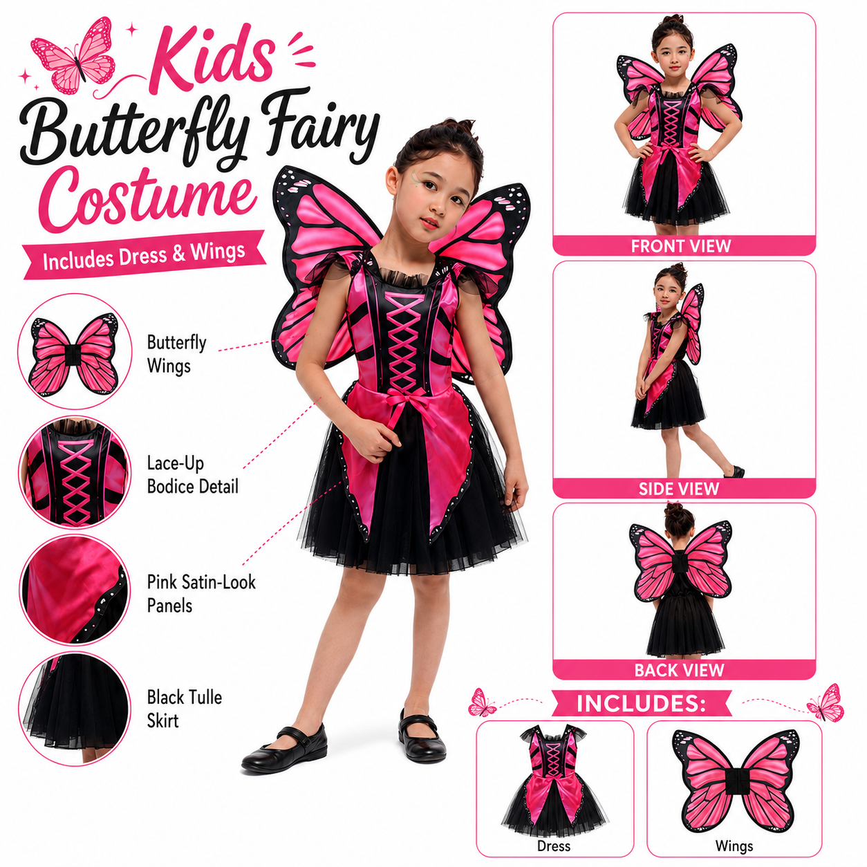 Girls Hot Pink Butterfly Fairy Halloween Costume - product image 2