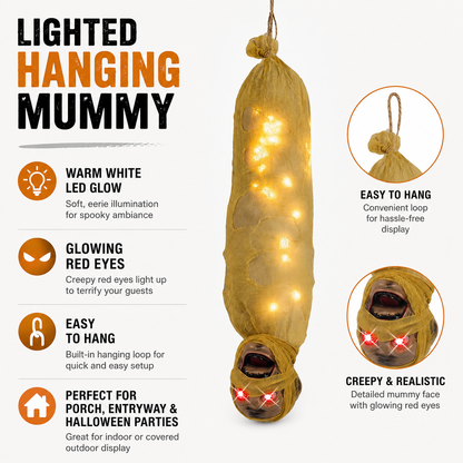 Lighted Hanging Mummy – Halloween Decoration with Warm LED Glow & Red Eyes - product image 2