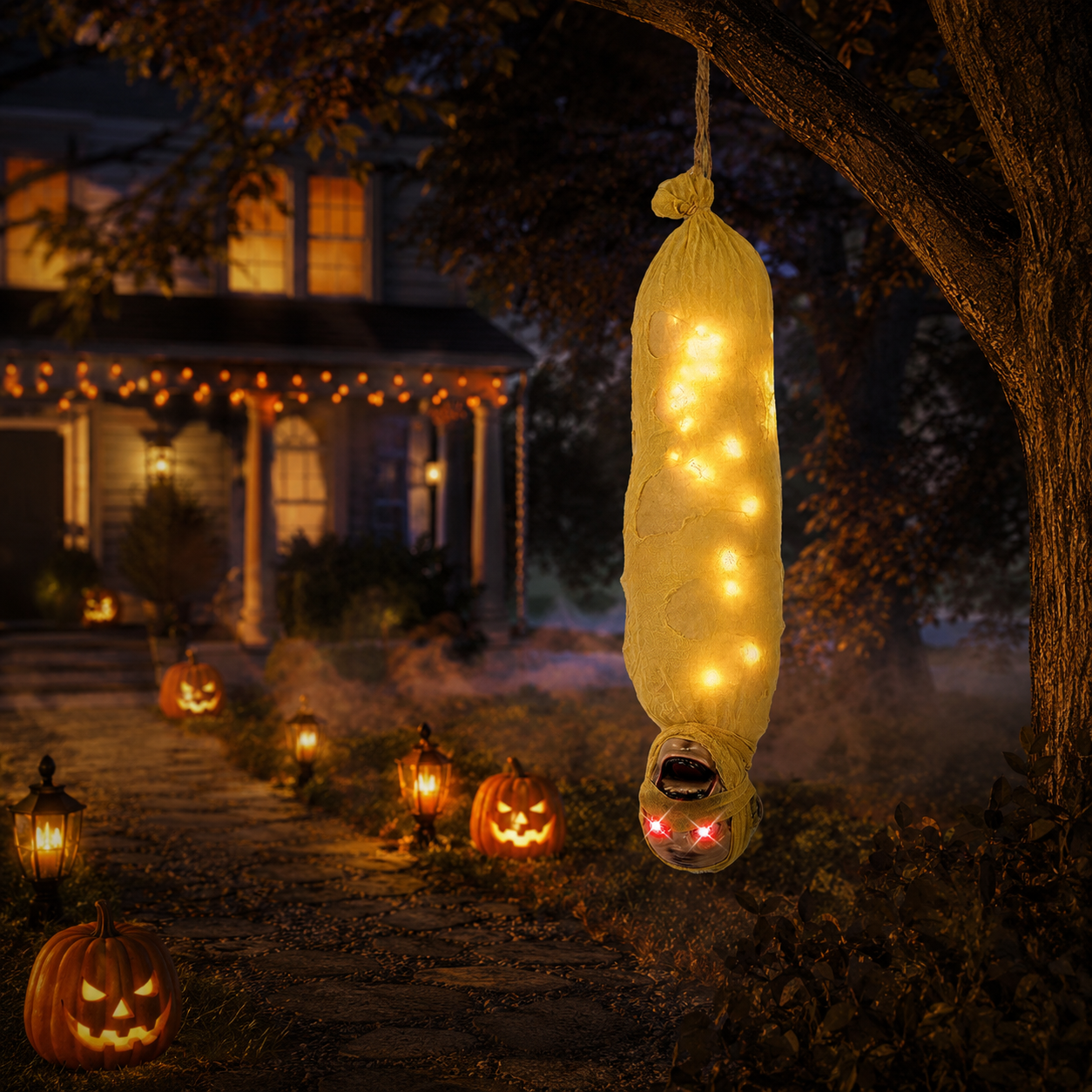 Lighted Hanging Mummy – Halloween Decoration with Warm LED Glow & Red Eyes - product image 4