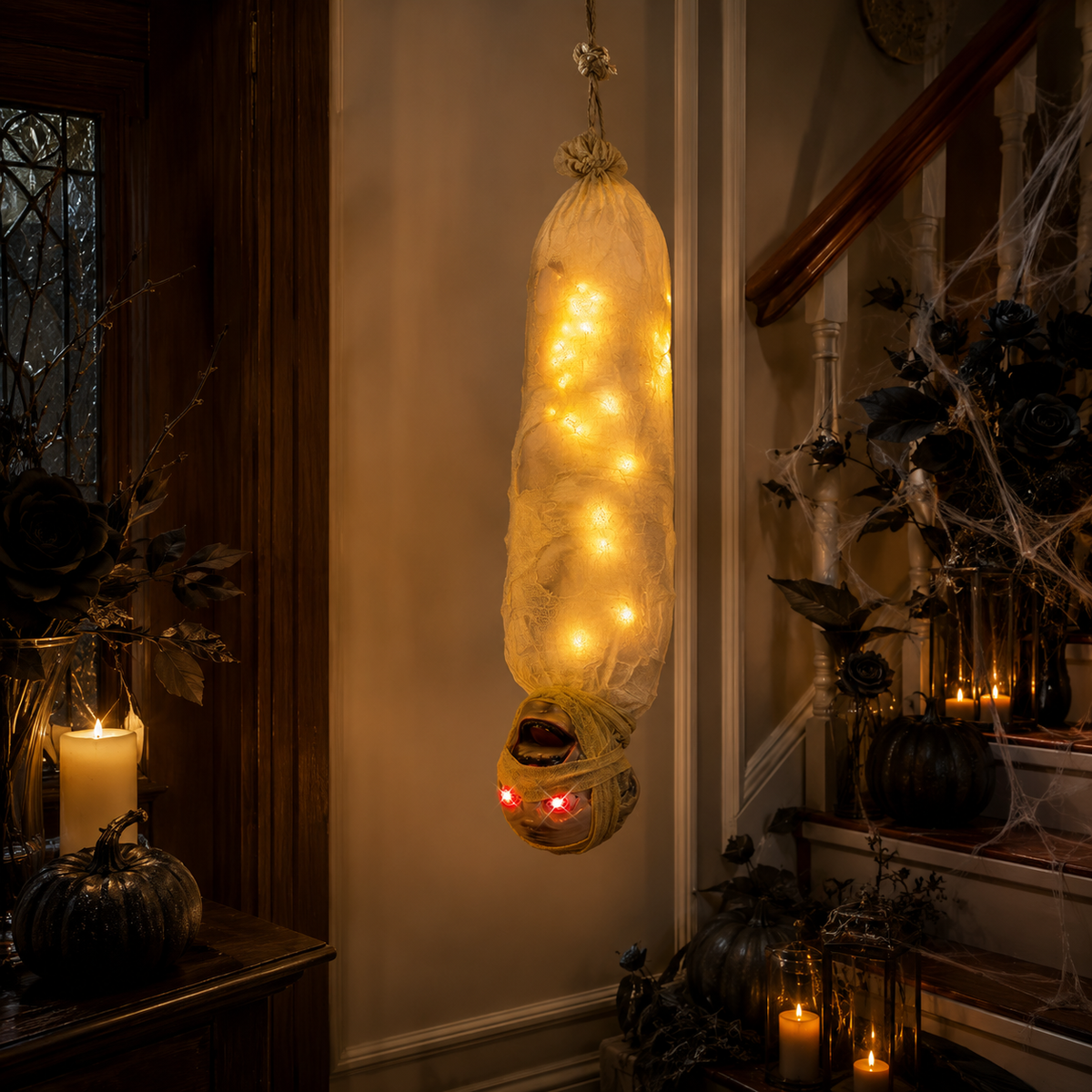Lighted Hanging Mummy – Halloween Decoration with Warm LED Glow & Red Eyes - product image 5