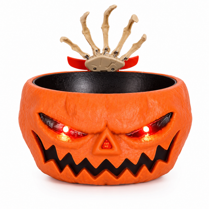 Pumpkin Candy Bowl with Popping Hand – Halloween Prank Prop with Light-Up & Sound Effects, Battery-Operated - product image 1