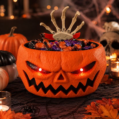 Pumpkin Candy Bowl with Popping Hand – Halloween Prank Prop with Light-Up & Sound Effects, Battery-Operated - product...