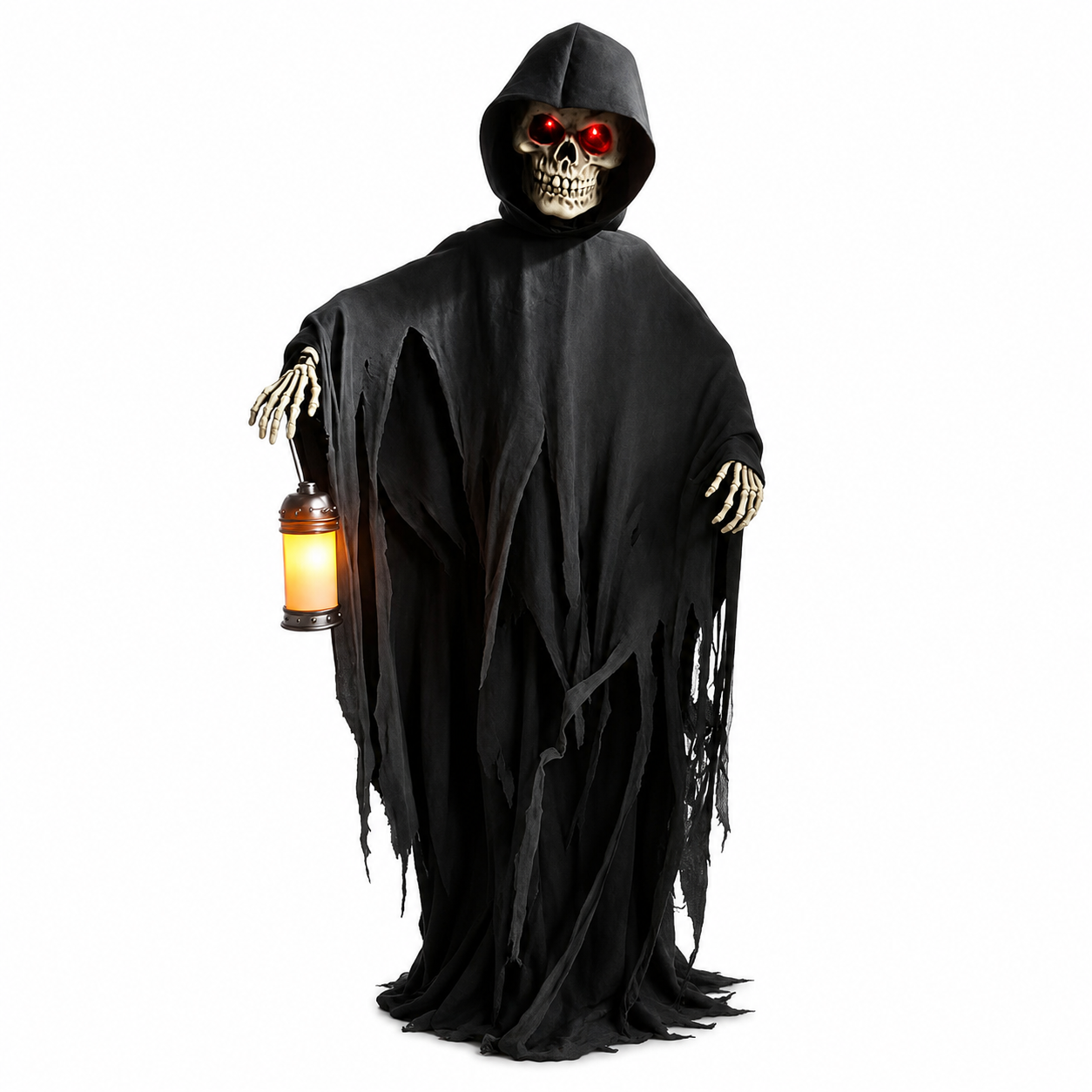 Animated 7 ft skeleton Halloween prop with glowing lantern