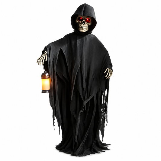 Animated 7 ft skeleton Halloween prop with glowing lantern