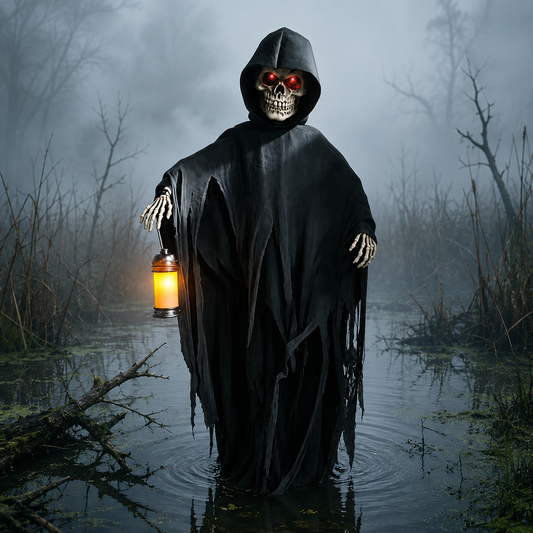 Life-size skeleton decoration with light-up lantern detail