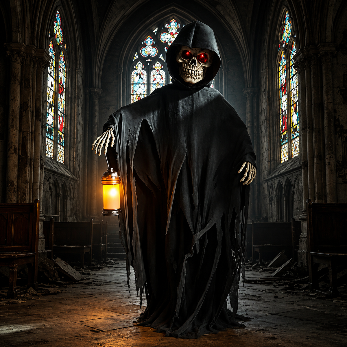 Battery-operated skeleton prop with spooky sound and motion effects