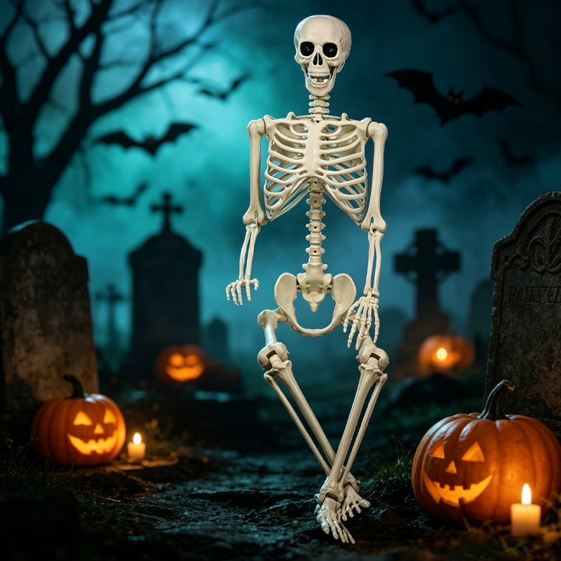 Life-size poseable skeleton sitting among jack-o-lanterns in a Halloween graveyard