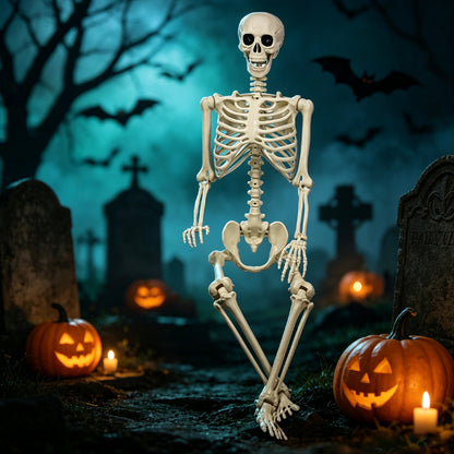 Life-size poseable skeleton sitting among jack-o-lanterns in a Halloween graveyard