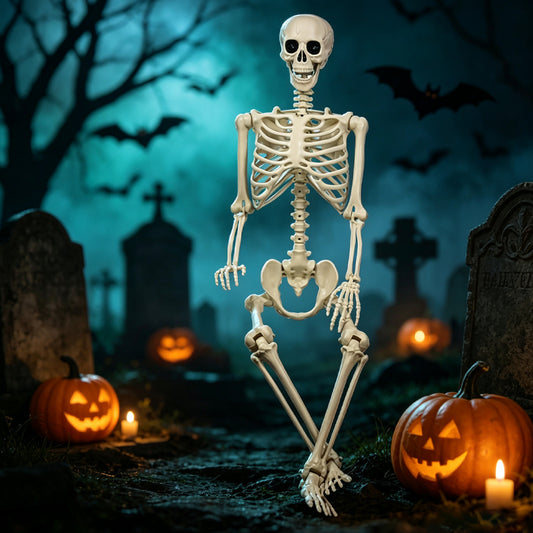 Life-size poseable skeleton sitting among jack-o-lanterns in a Halloween graveyard