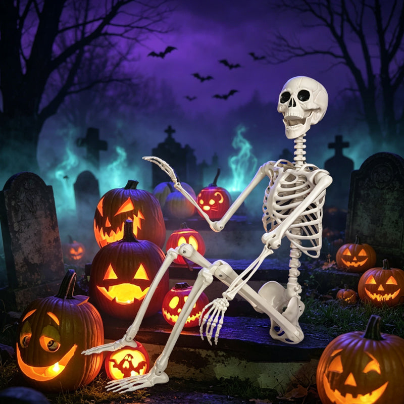 Poseable life-size skeleton seated with glowing jack-o-lanterns in a purple Halloween graveyard