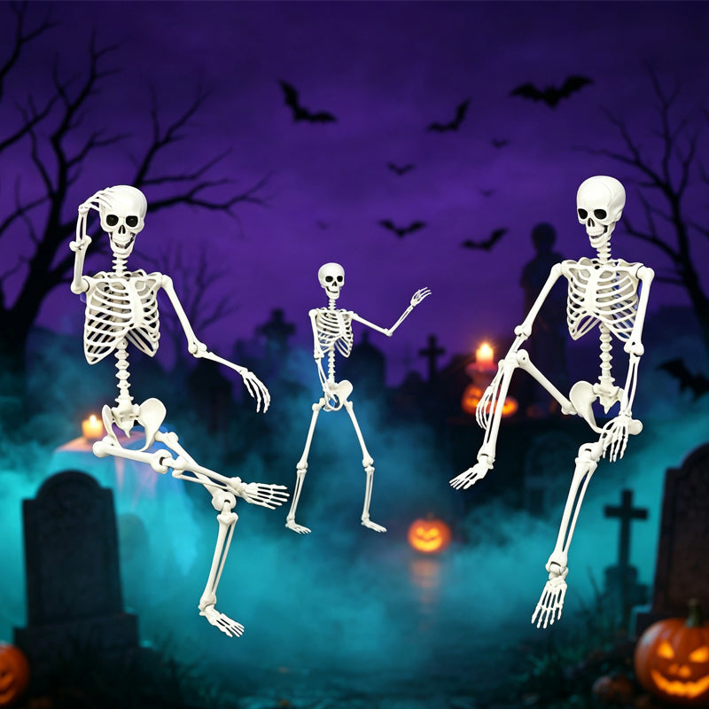Life-size skeleton decoration shown in three adjustable poses in a foggy graveyard