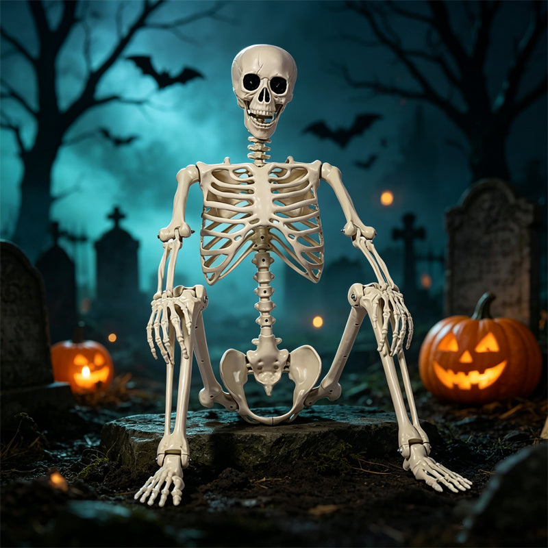 Life-size skeleton decoration seated with hands on knees in a Halloween graveyard