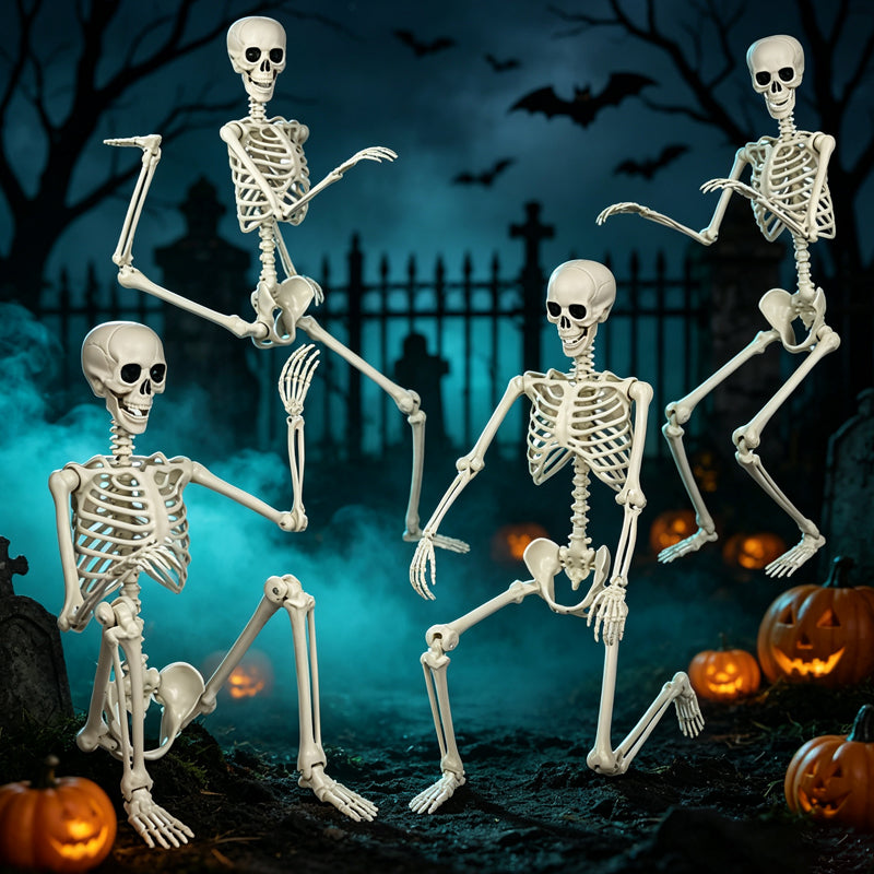 Life-size skeleton decoration shown in four adjustable poses with pumpkins in a graveyard