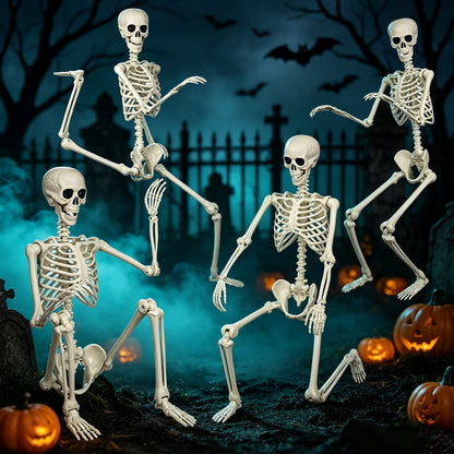 Life-size skeleton decoration shown in four adjustable poses with pumpkins in a graveyard