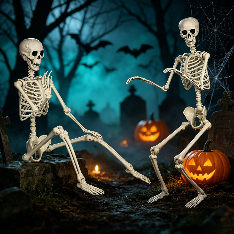 Two poseable life-size skeleton displays arranged with jack-o-lanterns in a graveyard