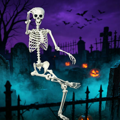 Life-size poseable skeleton balancing on one leg in a purple Halloween graveyard