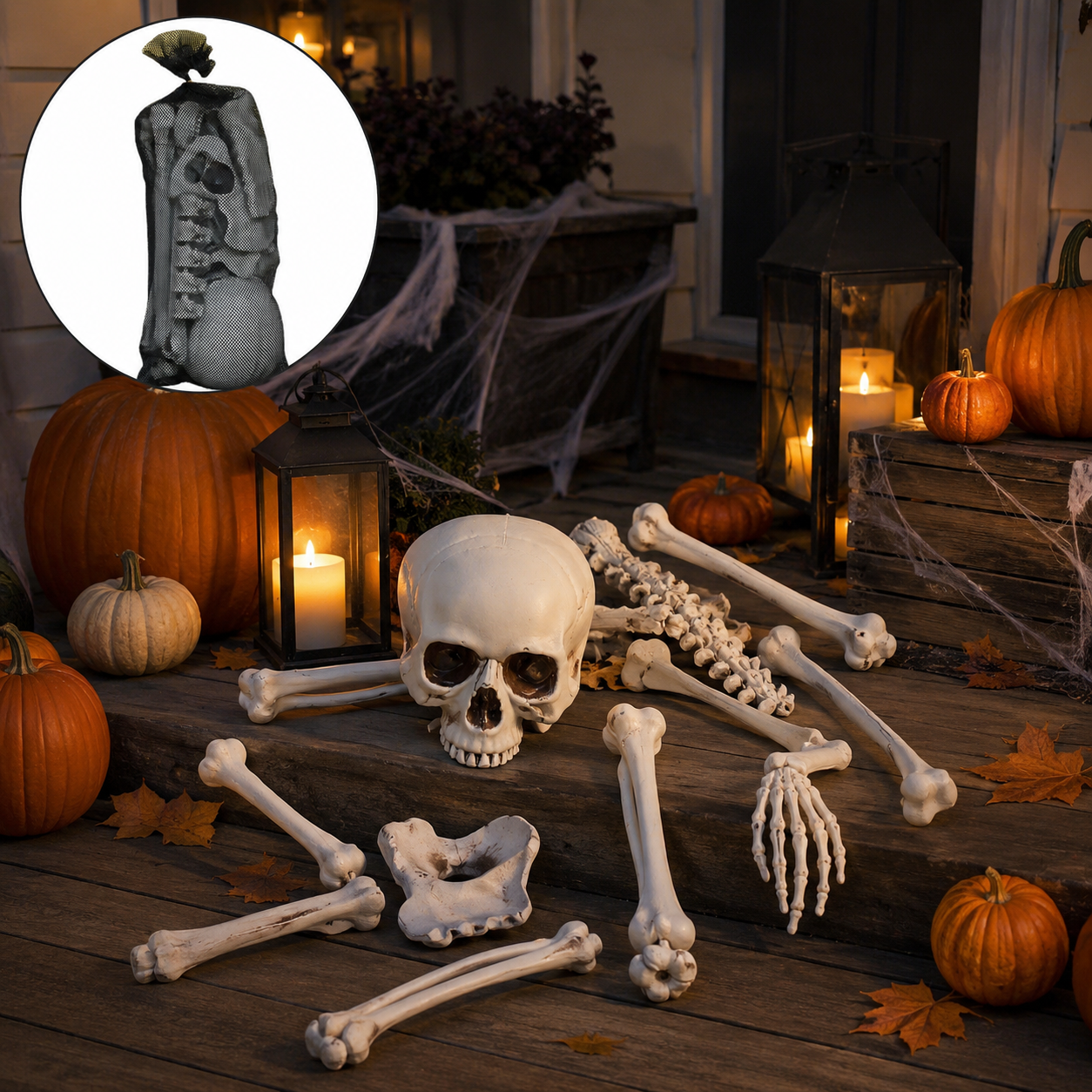 Skeleton bone props arranged on a Halloween porch with pumpkins and lanterns