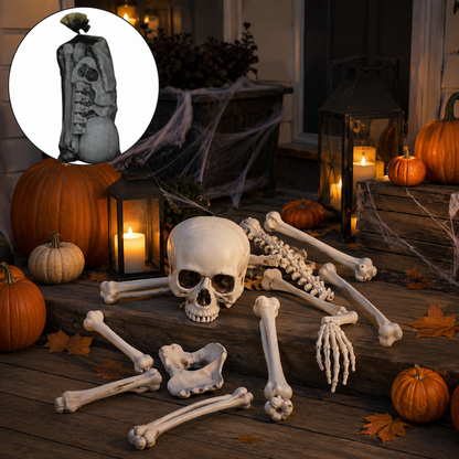 Skeleton bone props arranged on a Halloween porch with pumpkins and lanterns